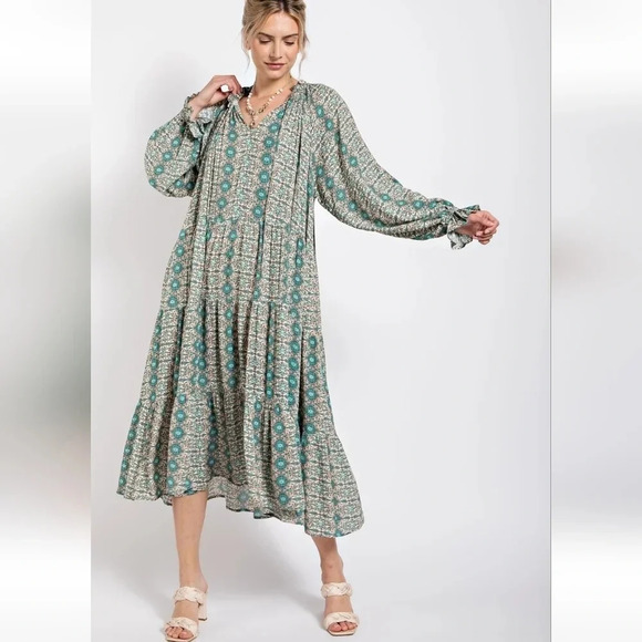 Easel Paisley Mint Green Printed Long Sleeve Gauze Maxi Dress New - Picture 3 of 7